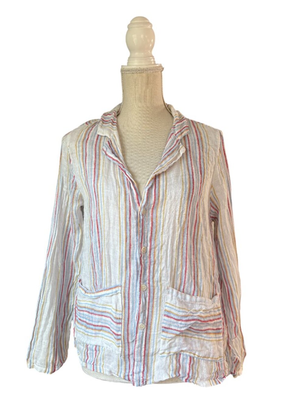CP Shades linen button down shirt jacket size XS white colorful patch pocket
